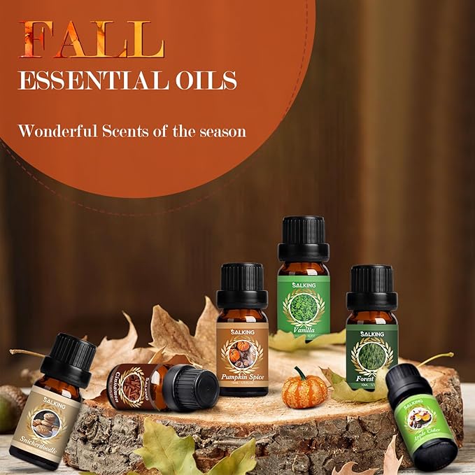 SALKING Autumn Fragrance Oils, Premium Fall Essential Oils for Diffuser, Scented Oils Gift Set for Soap Candle Making Scents - Cinnamon, Pumpkin Spice, Apple Cider, Vanilla, Forest Pine, Snickerdoodle