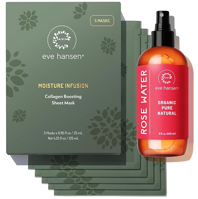 Eve Hansen Skincare Duo: Organic Rose Water Spray (8 oz) & Collagen Face Mask Sheets (Set of 5) – Hydrating & Soothing Care with Hyaluronic Acid & Botanical Extracts – Set of 2 Products
