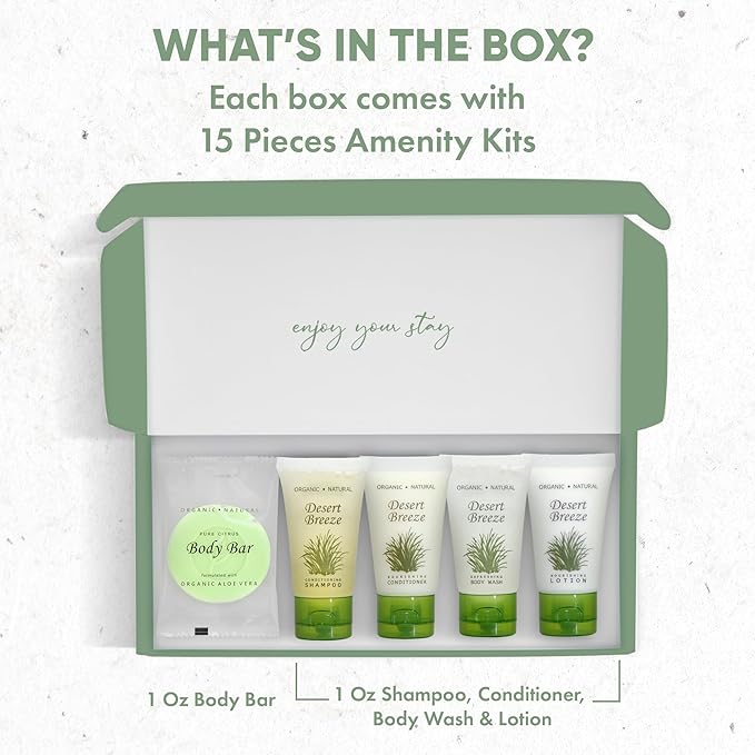 Desert Breeze Amenity Kit | Boxed Hotel Toiletries Bulk Set | 1 oz Shampoo, Conditioner, Lotion, Body Wash & Body Bar Soap | 15 Sets per Case