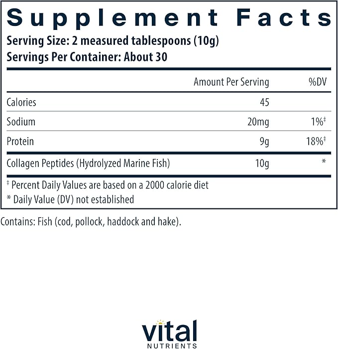 Vital Nutrients Marine Collagen Powder Unflavored | Hair, Skin, Nails, & Joint Support* | Type I & III Collagen Powder Supplement from Wild-Caught Fish | Gluten, Dairy, Soy Free | 300 Grams