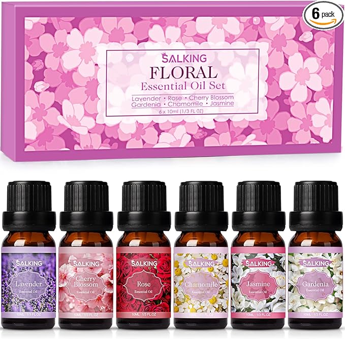 SALKING Floral Essential Oils Set, Premium Pure and Natural Essential Oils, Fragrance Oil Scented Oils for Oil Diffusers 6 x 10 ML - Lavender, Rose, Jasmine, Cherry Blossom, Gardenia, Chamomile