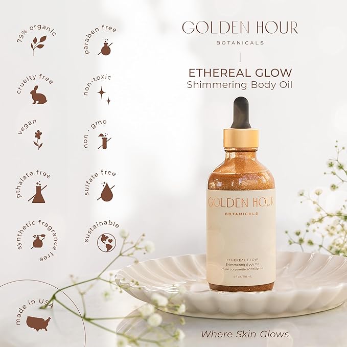 Organic Skincare Products Made in USA, Vegan, Cruelty Free, Moisturizing + Hydrating Shimmer Gold Glitter Body Oil, 4fl oz/118ml, Ethereal Glow