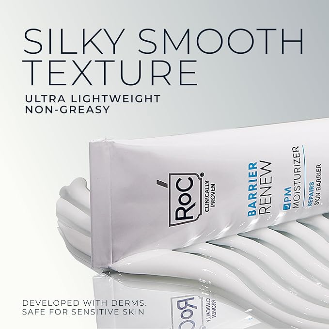 RoC Barrier Renew Night Moisturizer with Ceramides & Antioxidant Green Tea and Lipo Peptides to Renew Skin Barrier, (2.5 oz) with Retinol Eye Cream Packette