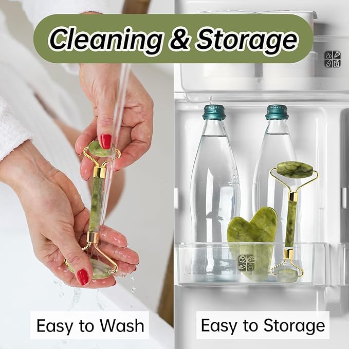 Jade Gua Sha and Face Roller, Real Jade Gua-Sha Stone Facial Tools Set for Reduce Puffiness, Body Guasha Tool for Relieve Neck Tension, Skincare Beauty Massager as Present for Women, Green