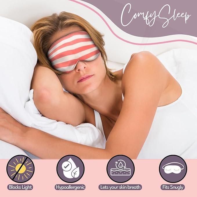 CELESTIAL SILK Mulberry Silk Sleep Eye Mask with Adjustable Elastic Strap (Normal - Adjustable, Pink/White Stripe)