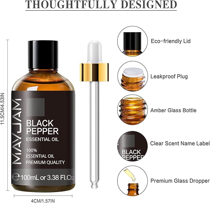 Black Pepper Essential Oil, MAYJAM Pure Essential Oils for Diffusers, 3.38FL.OZ/100ML Large Volume Black Pepper Essential Oil for Home Yoga Massage Use