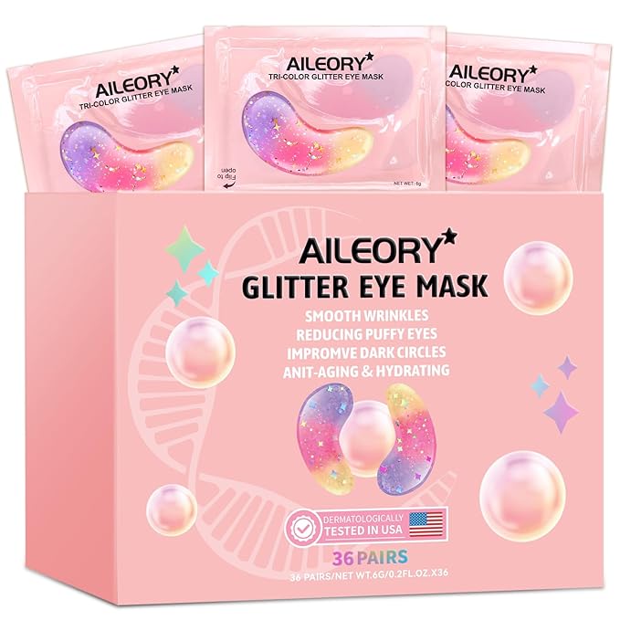 Under Eye Patches (36 Pairs) - New Tri-color Glitter Eye Gel Pads for Dark Circles Puffy Eyes,Under eye Bags,Wrinkles|Natural Collagen Under Eye Mask Patches, Gel Under Eye Patches