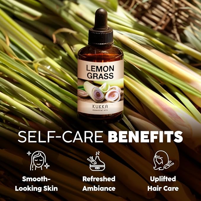 Kukka Lemongrass Essential Oil for Skin, Diffuser & Hair - 4 Fl Oz - 100% Pure Natural, Cleansing & Nourishing, Herbaceous Scent for Aromatherapy & Soap Making Scent DIY