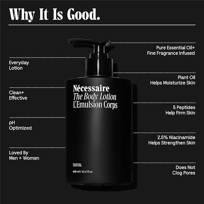 Nécessaire The Body Lotion with Pump. Santal. Multi-Peptide Firming Lotion to Moisturize, Firm, Strengthen. 2.5% Niacinamide, Vitamin C/E + Omega 6/9. 450ml / 15.2 fl oz