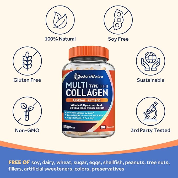 Doctor's Recipes Multi Collagen Peptides with Golden Turmeric, Vitamin C, Biotin, Hyaluronic Acid & Black Pepper, Collagen Supplements for Skin, Hair, Nail, Collagen for Women and Men, 90 Caps