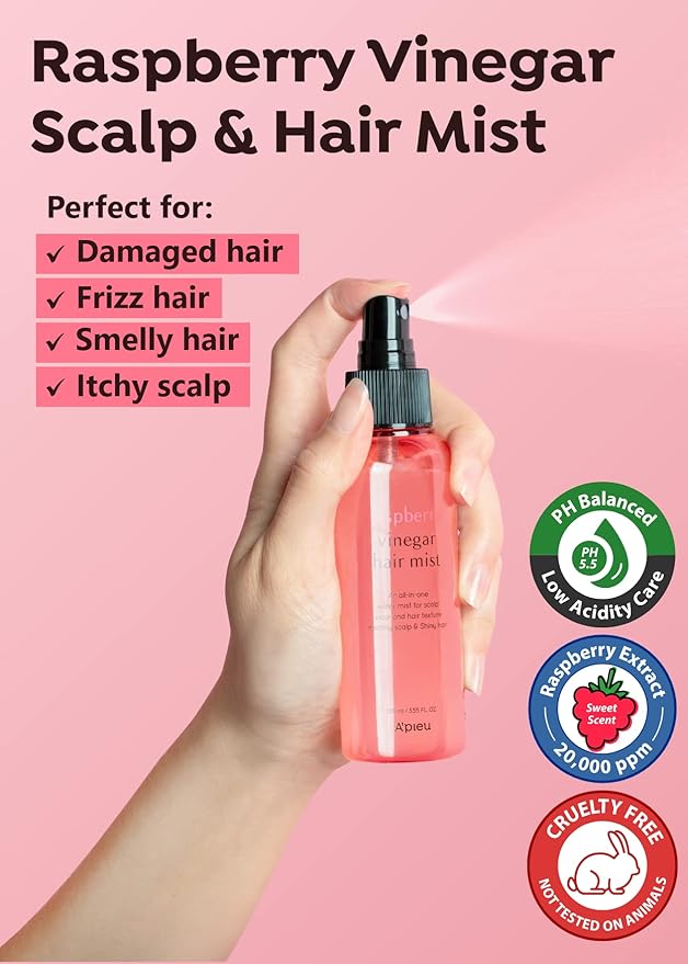 A'PIEU Raspberry Vinegar Hair Care Bundle - Vinegar Rinse 6.76 Fl oz & Mist 3.55 fl oz | Scalp Treatment, pH Balance, Frizz Control | Clarifying, Nourishing, Refreshing