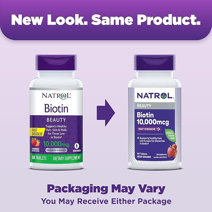 Natrol Biotin 10000mcg, 4x Faster Dissolve Supplement for Healthy Hair, Skin and Nails for Those Low in Biotin, Plus Energy Metabolism Support, 60 Tablets, Up to a 60 Day Supply
