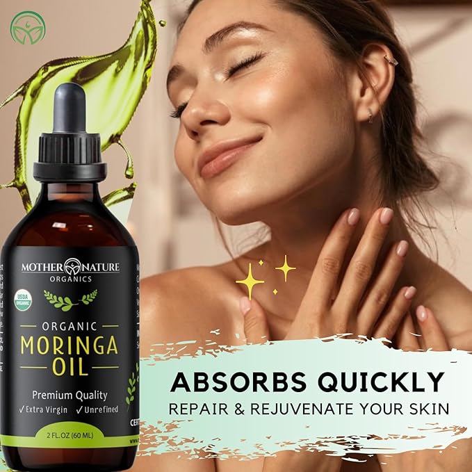 Moringa Oil - USDA Certified Organic, 100% Pure, Cold Pressed & Unrefined Gluten Free Oil (2oz) - Natural Moisturizer for Skin, Face, Body & Hair - Non-GMO & Vegan