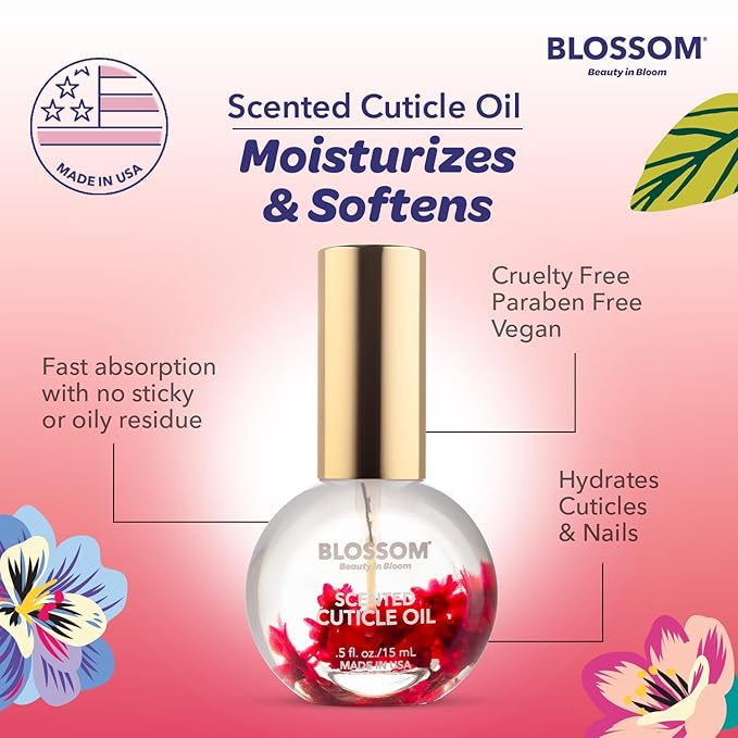 Blossom Hydrating, Moisturizing, Strengthening, Scented Cuticle Oil, Infused with Real Flowers, Made in USA, 2 Pack Bundle, Strawberry + Amazon Exclusive Raspberry