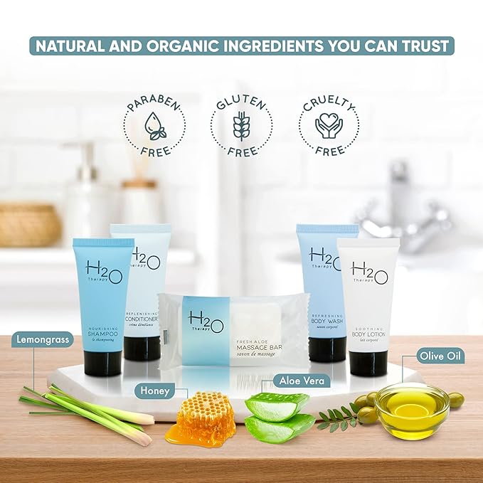 H2O Therapy Hotel Soaps & Toiletries Bulk Set | 1-Shoppe Amenities Kit | 0.85oz Shampoo & Conditioner, Body Wash, Lotion, 1oz Bar Soap | Travel Size | 300 Pieces