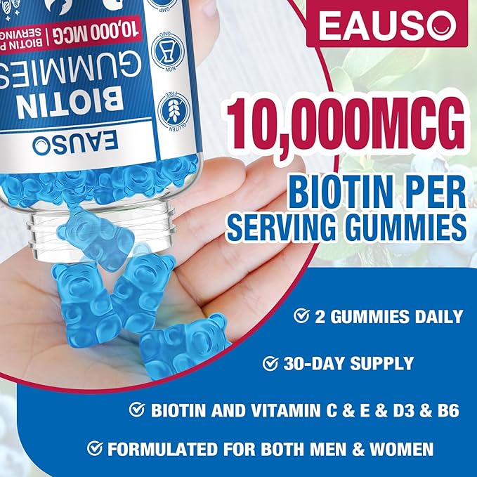 Extra Strength Biotin Gummies 10,000mcg for Stronger Hair, Skin & Nails - 60 Gummies - Vegan, Non-GMO, Health Supplement