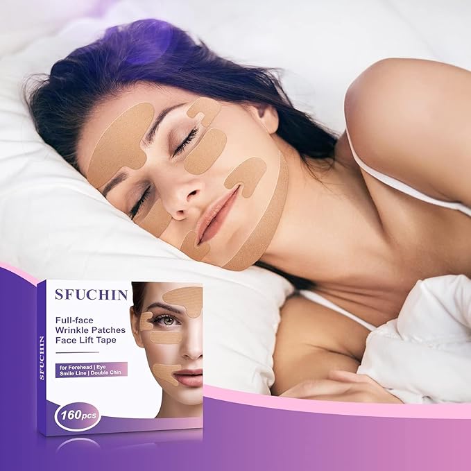 Wrinkle Patches, 160 PCS Face Tape, Pre Cut Kinesiology Full Face Tape for Wrinkles, V Line, Forehead, 11's, Frown, Eye, Lip - Neck Wrinkle Pads, Overnight Used High Elastic Facial Tape