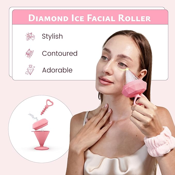 Rena Chris Ice Roller for Face: Diamond Ice Facial Roller, Reach Detailed Areas, De-Puff Eye Bags, Reusable Silicone Massage Ice Mold with Face Wash Wristband, Skin Care Tools for Women(Pink)