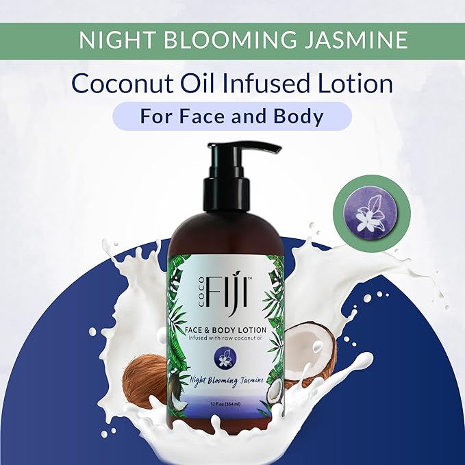Coco Fiji Face & Body Lotion Infused With Coconut Oil | Lotion for Dry Skin | Moisturizer Face Cream & Massage Lotion for Women & Men | Night Blooming Jasmine 12 oz, Pack of 1