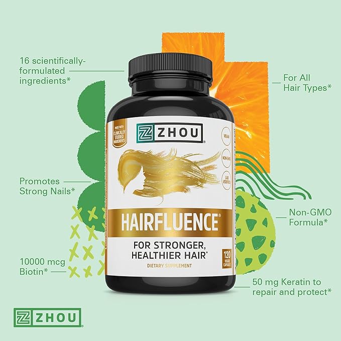 ZHOU Hairfluence, Hair Growth Supplement with Clinically Studied Lustriva and Keranat and Hair Vitamins Biotin 5000mcg, Vitamin D, A, C & B12, Non-GMO, Gluten Free, 120 VegCaps