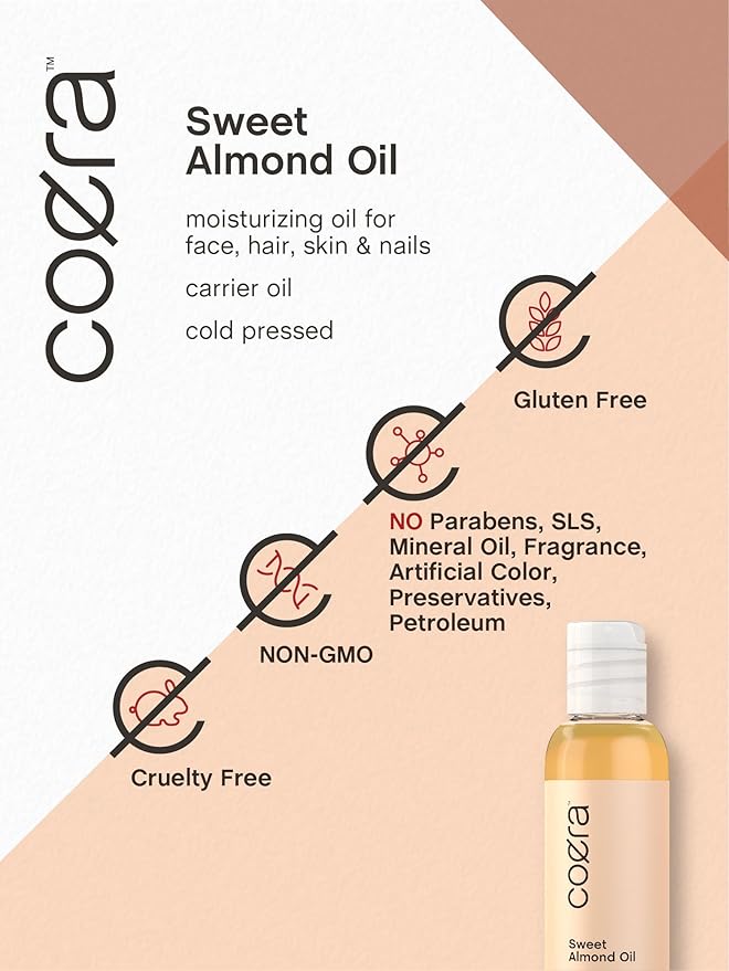 Coera Sweet Almond Oil for Face, Hair, Skin & Nails | 4 fl oz | Cold Pressed & Hexane Free | Carrier Oil | Free of Parabens, SLS, & Fragrances