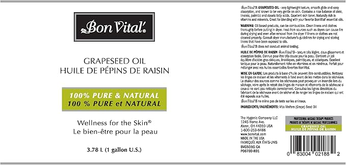 Bon Vital' Grapeseed Oil, 100% Pure Skin Toner and Massage Oil, For Hair Care, Aromatherapy, and Massage, Helps Reduce Wrinkles and Prevents Premature Aging, Skin Moisturizer, 1 Gal, Label may Vary