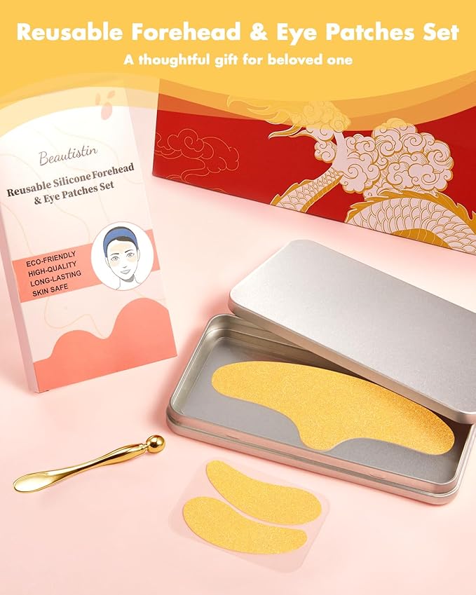 Silicone Forehead Wrinkle Patch - Non-Glue Reusable Forehead Wrinkle Patch and Eye Patches Set, Silicone Patches for Wrinkles, For Use with Face Cream or Lotion, Metal Eye Massage Stick&Tin Case, Gold