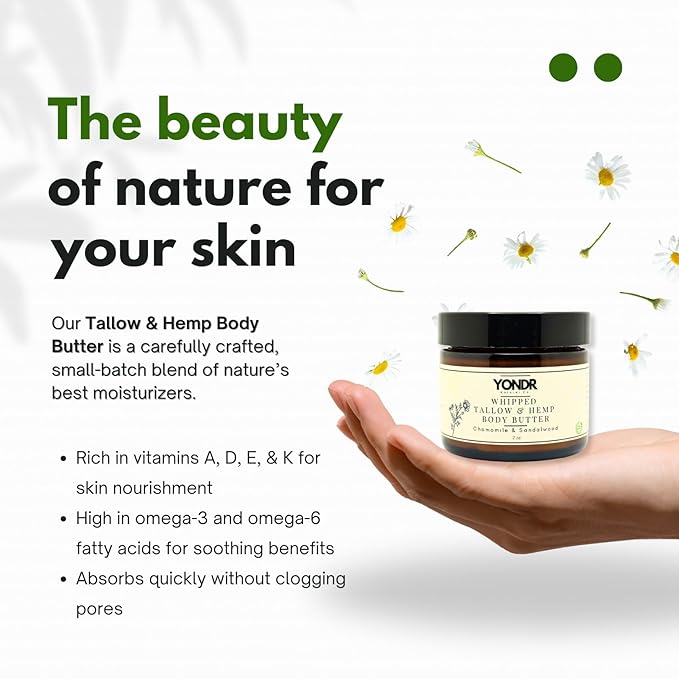 All-Natural Tallow & Hemp Body Butter | Chamomile & Sandalwood Scent | Deeply Hydrating Skincare | 4 oz