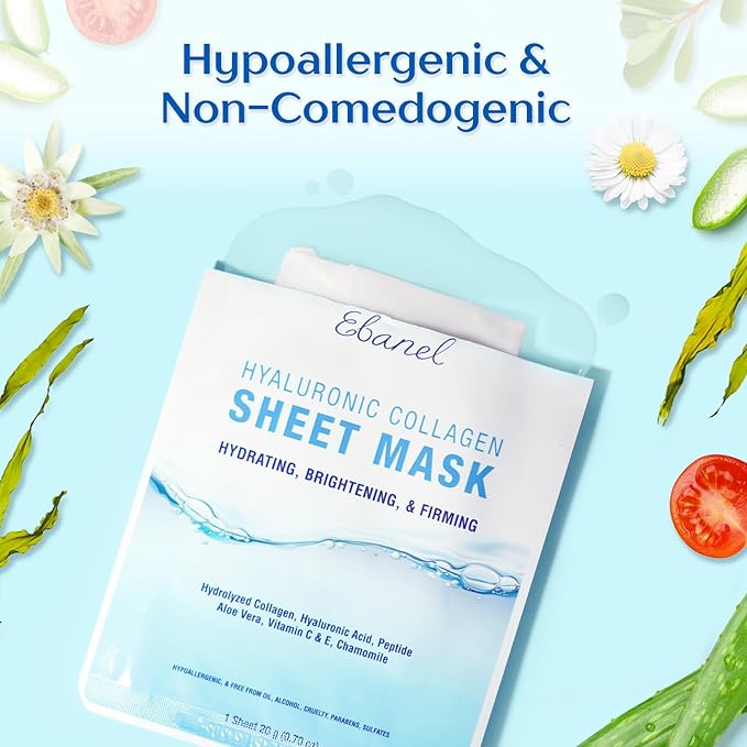 Ebanel 40 Pack Collagen Peptide Hydrating Face Masks, Instant Brightening Firming Anti Aging Face Sheet Masks, Moisturizing Spa Facial Mask Skincare with Hyaluronic Acid, Vitamin C, Chamomile, Aloe