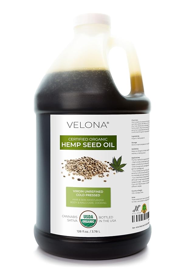 velona Hemp Seed Oil USDA Certified Organic - 1 Gallon / 128 Fl Oz | 100% Pure and Natural Carrier Oil | Unrefined, Cold Pressed | Hair, Body, Face & Skin Care