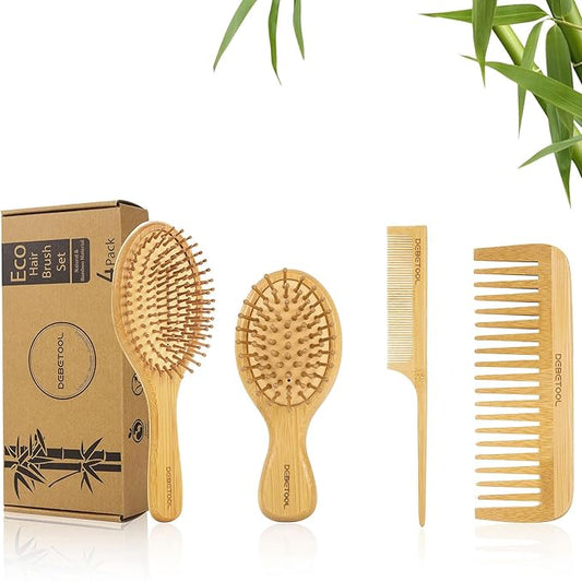 Bamboo Hair Brush Set - Natural Bamboo Paddle Detangling Hairbrush and Comb Set, Suit for Thick/Thin -Gift for Women Men and Kids