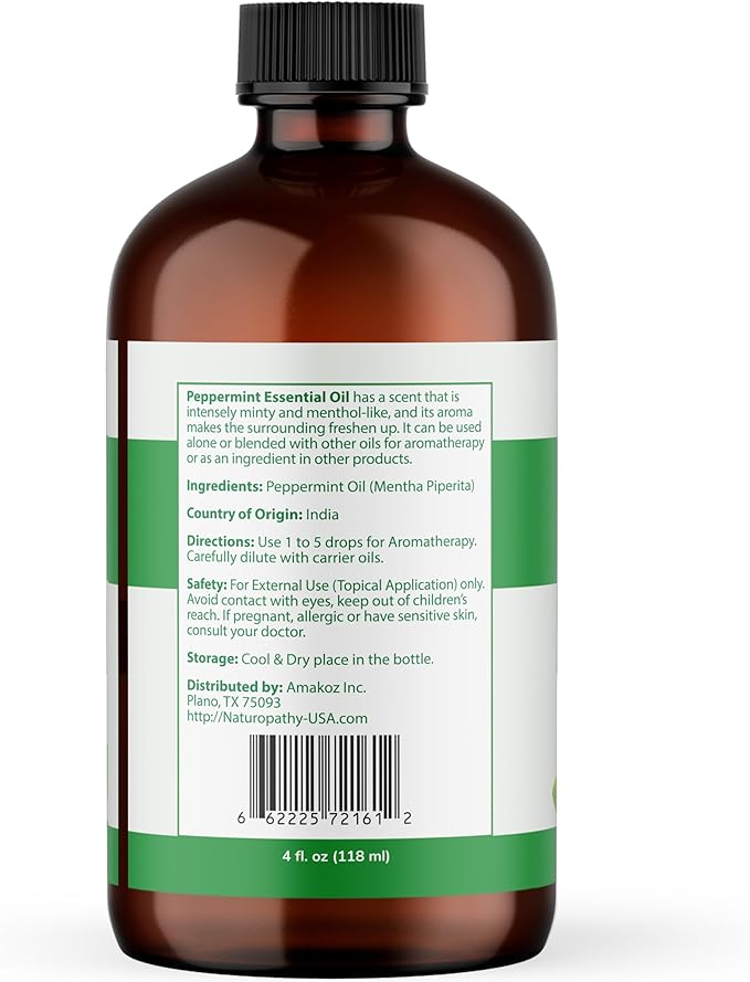 Naturopathy Peppermint Essential Oil, Natural Therapeutic Grade, Premium Quality Peppermint Oil, 4 fl. Oz - Perfect for Aromatherapy and Relaxation