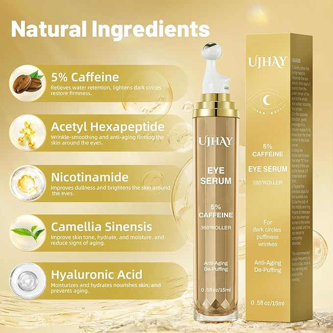 5% Caffeine Eye Cream, Under Eye Serum for Dark Circles, Puffiness & Wrinkles Fine Lines, Eye Roller Serum with 360° Massage Ball, Eye Treatment Balm for Men & Women