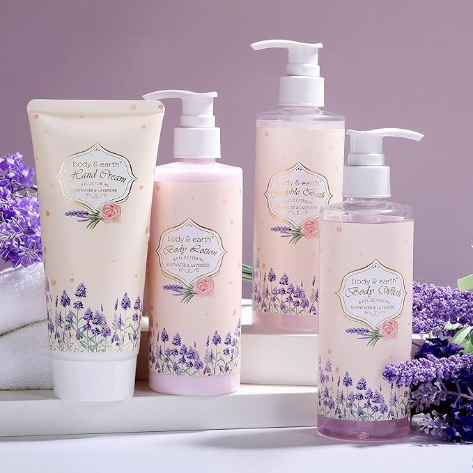 Spa Gift Baskets for Women, Bath Set for Women Gift - Body & Earth 10 Pcs Gifts Set with Rosewater & Lavender, Includes Bubble Bath, Body Lotion, Shower Gel, Home Spa Kit Gift for Her