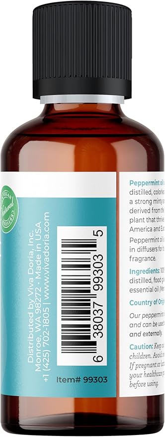 Viva Doria 100% Pure Northwest Peppermint Essential Oil, Undiluted, Food Grade, Steam Distilled, Made in USA, 30 mL (1 Fluid Ounce)