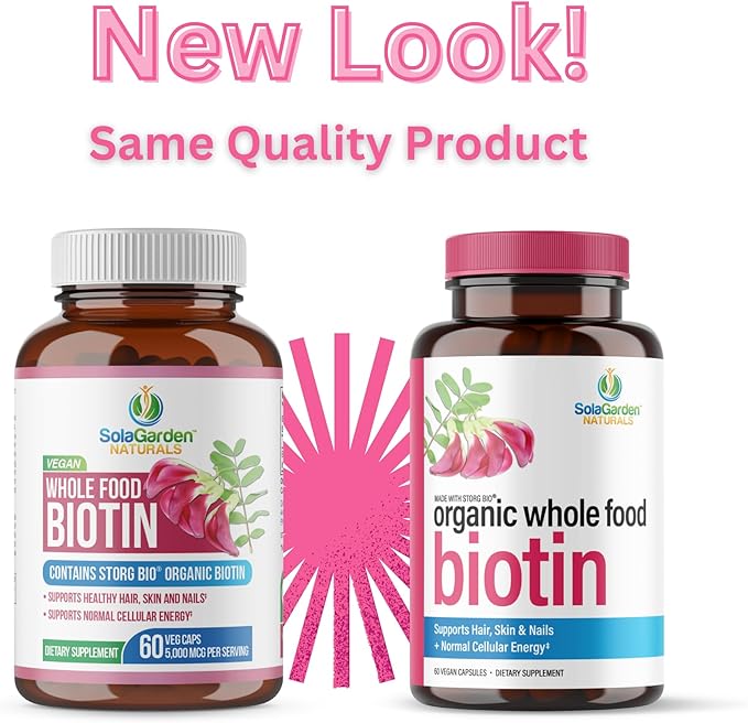 Whole Food Biotin Supplement - Contains Certified Organic Plant Based Biotin from Sesbania Agati Trees - by SolaGarden Naturals. May Support Hair, Skin and Nails. 60 Non GMO Veggie Capsules.