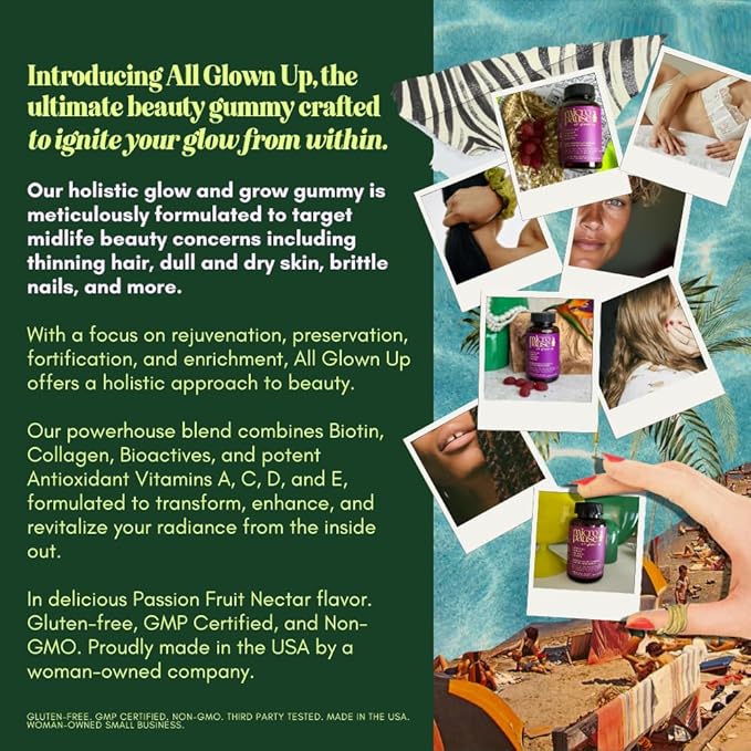 All Glown Up Advanced Beauty Complex Glow and Grow Gummies with Biotin, Collagen, and Antioxidant Vitamins A, C, and E for Hair, Skin, and Nails.
