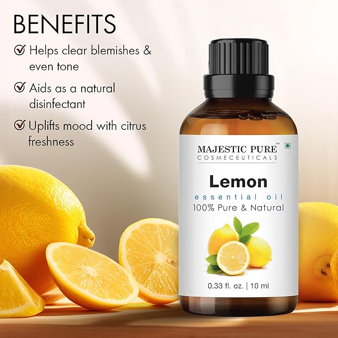 Majestic Pure Lemon Essential Oil - 100% Pure Lemon Oil for Aromatherapy, Massage & Topical Uses, Perfect for Diffuser & Essential Oil Diffuser - 1 Fl Oz