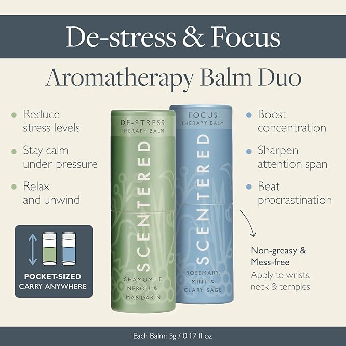 Scentered Aromatherapy Balm Stick Duo for Stress-Relief & Focus - Roll On Essential Oil Blends of Rosemary, Mint, Chamomile - Aromatherapy Gifts for Women - De-Stress & Focus
