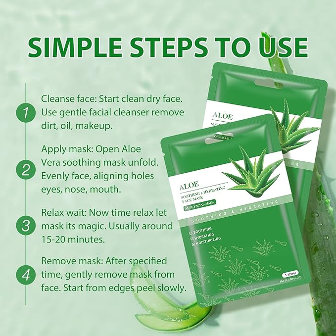 Aloe Vera Soothing Mask Hydrating Face Masks Skincare Moisturizing Facial Sheet Mask Skin Care for Dry, Oily, Sensitive Skin Face Mask for Acne, Sun Care, Refreshing, 10 Pack (Aloe Vera Face Mask)