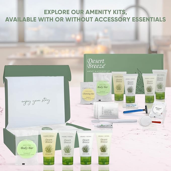 Amenity Kit | Boxed Hotel Toiletries Bulk Set | 1 oz Shampoo, Conditioner, Lotion, Body Wash & Body Bar Soap | 1 Set per Case