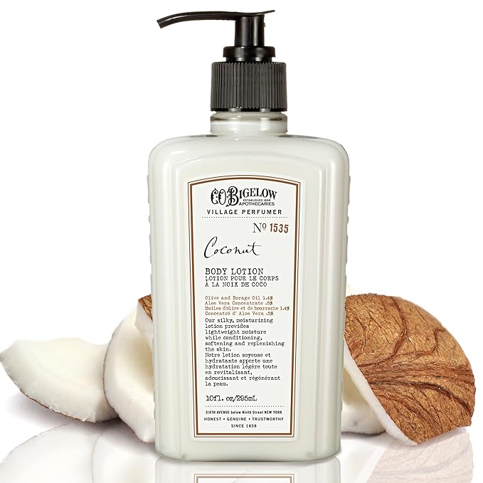 C.O. Bigelow Apothecary Duo, Coconut Body Care Gift Box with Body Soap & Lotion, Gift Set of Two - Moisturizing Lotion & Liquid Body Wash for Dry Skin - 10fl oz Each