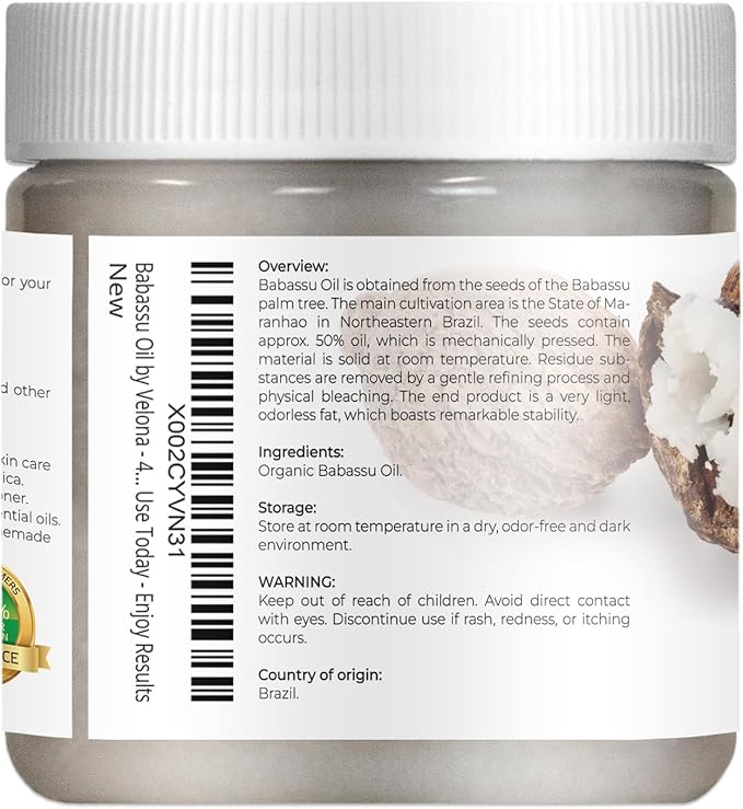 velona Babassu Oil USDA Certified Organic - 4 Fl Oz | 100% Pure and Natural Carrier Oil | Refined, Cold Pressed | Face, Hair, Body & Skin Care and Cooking | Use Today - Enjoy Results