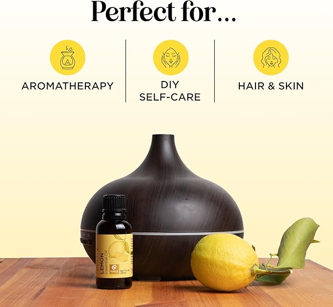 Pure Lemon Essential Oil - Invigorating Lemon Oil for Diffuser Aromatherapy Cleaning & Beauty DIYs for Hair Skin & Nails - Premium Grade Vegan Non-GMO in Glass Bottle for Aromatherapy & Wellness