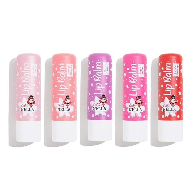 Miss Nella set of 5 Hypoallergenic children Lip Balms- HONEY BUNNY, SWEET CHEEKS & CUTIE PIE, Luvvu Wuvvy, Sugar Plum, Non Toxic Make Up for kids, perfect for those with sensitive skin.
