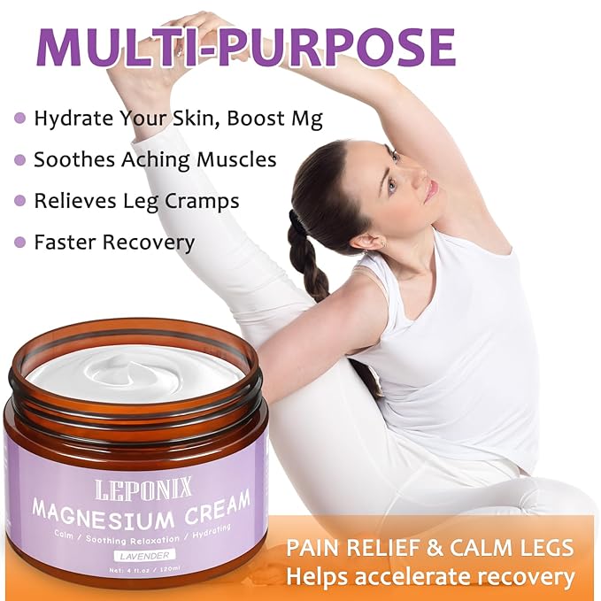 LEPONIX Magnesium Cream for Sleep - Topical Magnesium Lotion for Muscle Relaxation, Leg Cramps, Pain Relief & Better Sleep, Soothing Magnesium Body Butter for Adults & Kids (120ml, Lavender)
