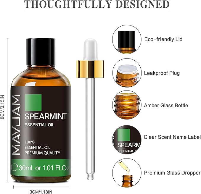 Spearmint Essential Oil 30ML/ 1.01FL.OZ, MAYJAM Pure Spearmint Oil for Massage, Diffuser, Soap Making, Long Lasting Scents