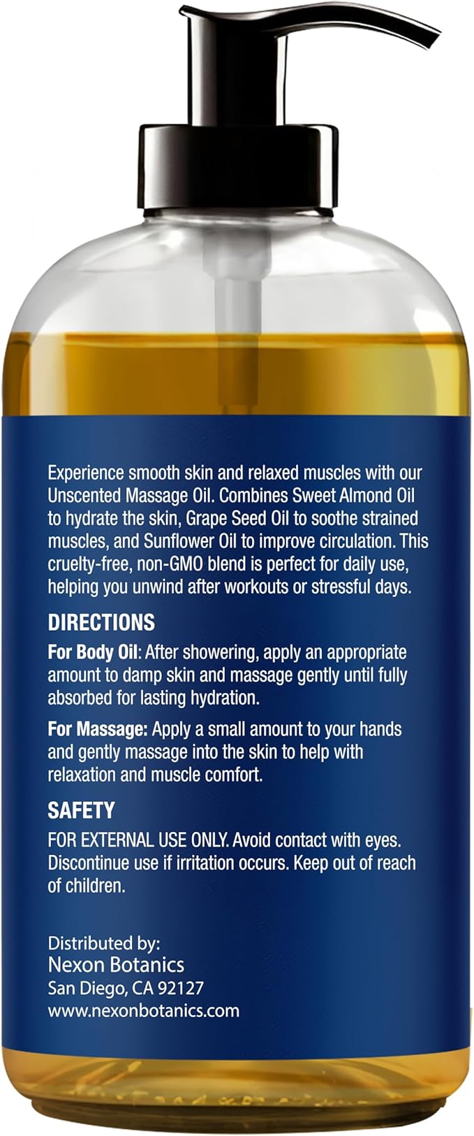 Unscented Massage Oil 8 fl oz - Hydrating Body Oil for Sensitive Skin & Muscle Relief - with Sweet Almond, Grape Seed & Sunflower Oils - Nexon Botanics