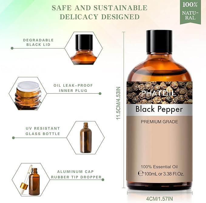 Black Pepper 3.38fl.oz Essential Oil, PHATOIL Pure Aromatherapy Oils for Diffuser, Humidifier, Perfect for DIY Soap, Candle, Bath Bombs Making(100ml)