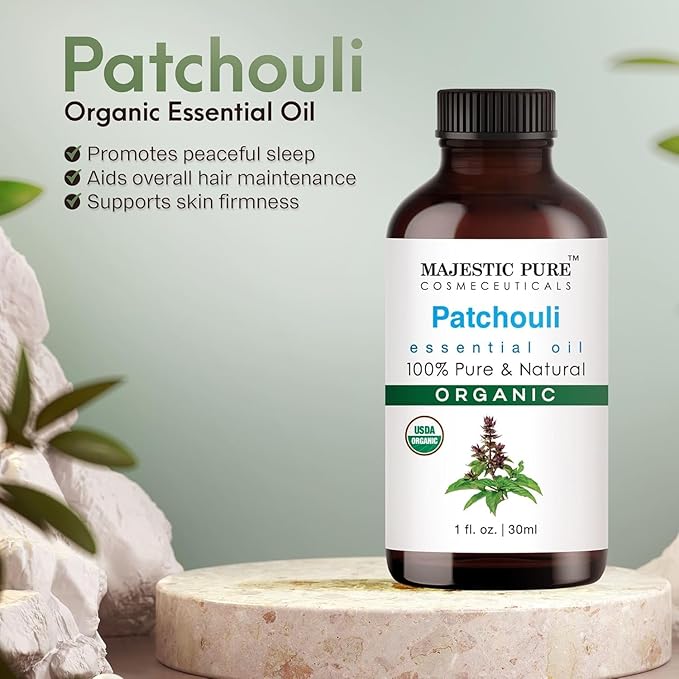 Majestic Pure Organic Patchouli Essential Oil - 100% Pure Patchouli Oil for Aromatherapy, Massage & Topical Uses, Perfect for Diffuser & Essential Oil Diffuser - 0.3 Fl Oz 10 ml.